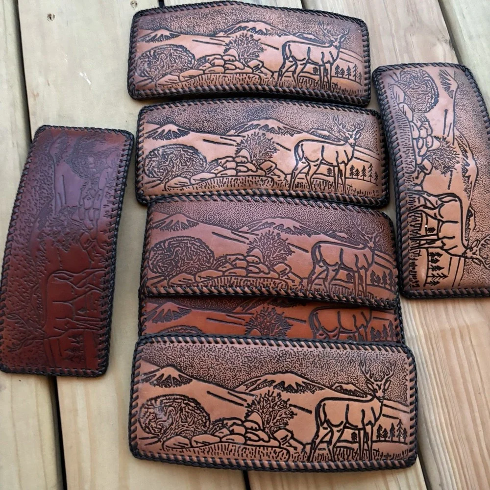 Vintage Leather Wallet Bi-fold Hand Tooled Deer Mountains Nature Whipstitch USA